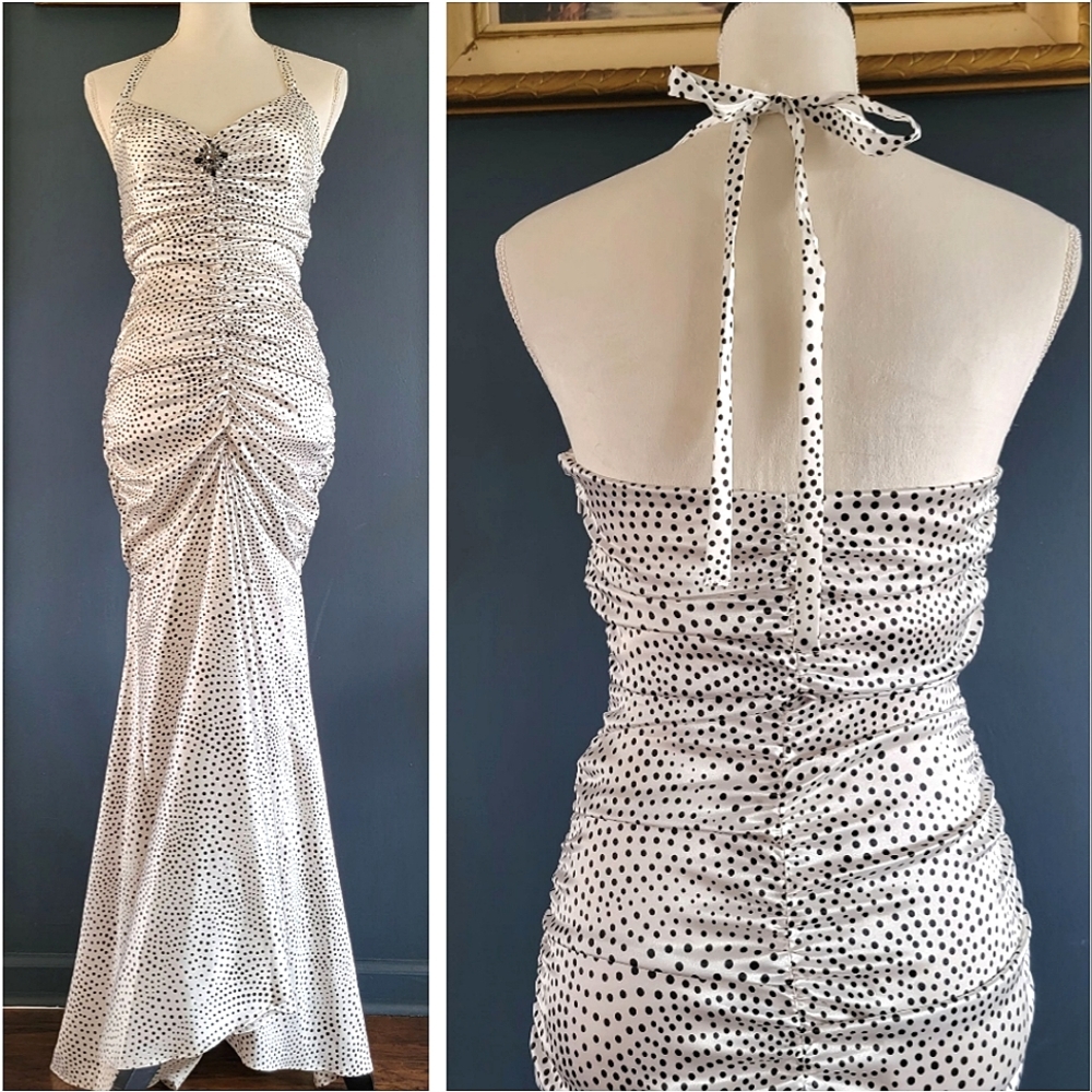 Jessica McClintock‎ Polka Dot Ruched Bodycon Mermaid Gown Dress w/ Train Size 2